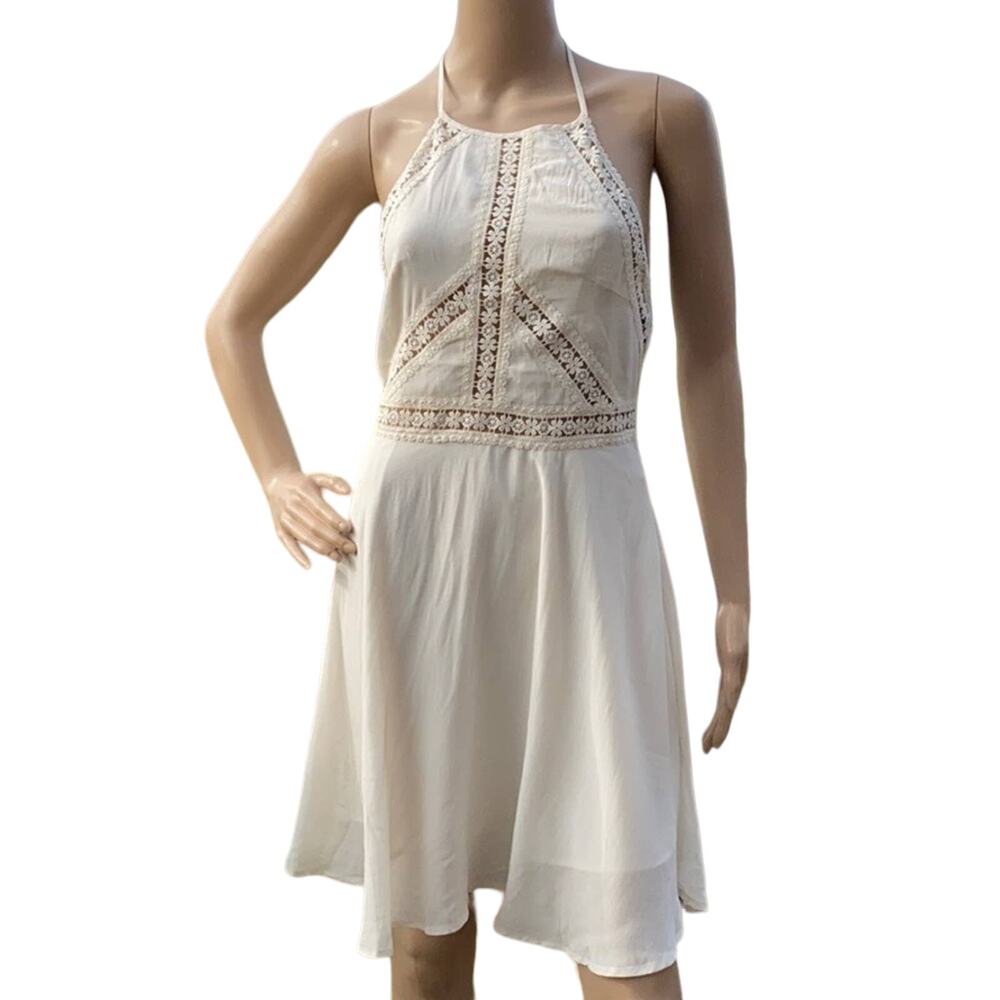 New Forever 21 Women Cream Lace Inset Backless Fit & Flare Halter Dress Size M